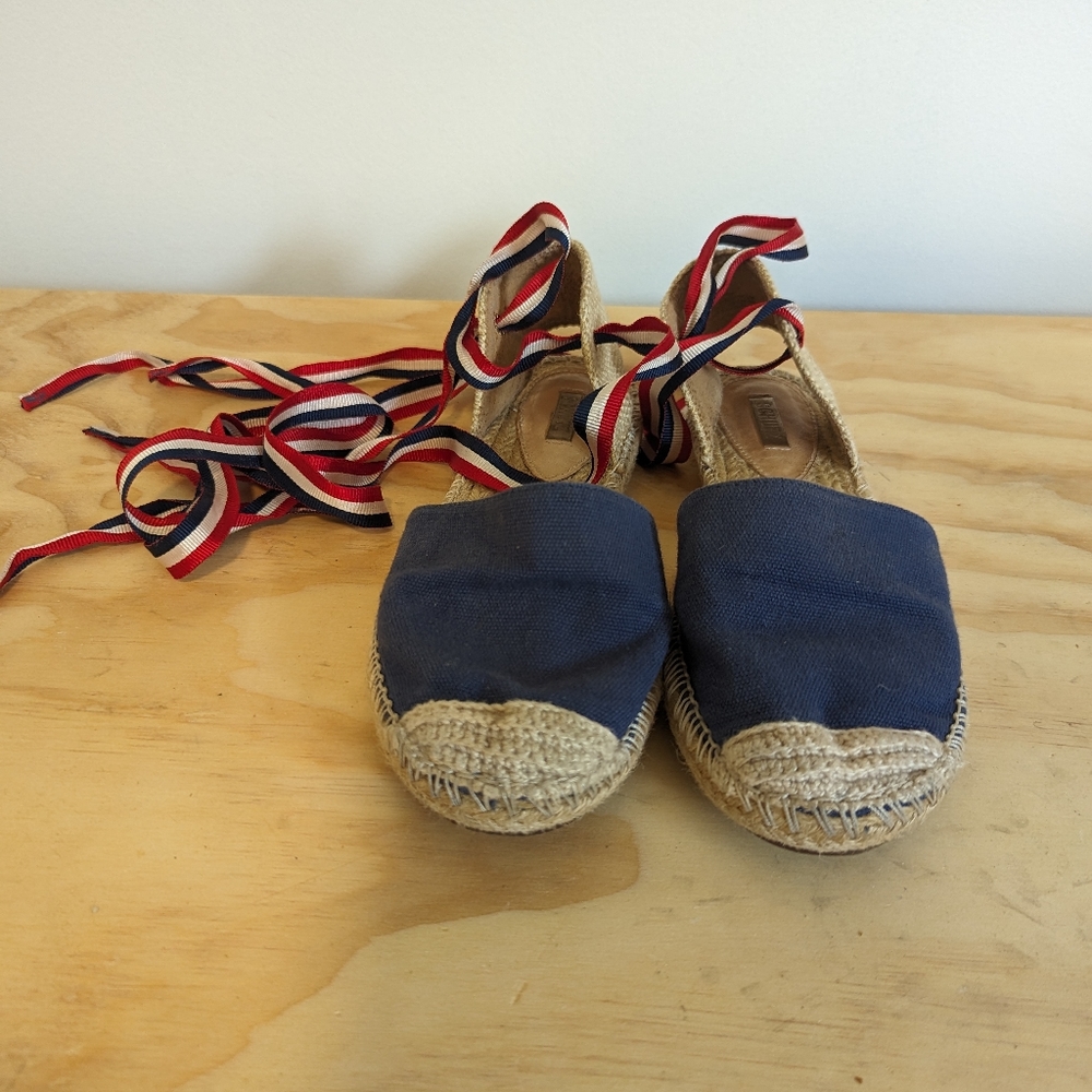 Schutz denim espadrille with red white navy ribbon ankle tie 7